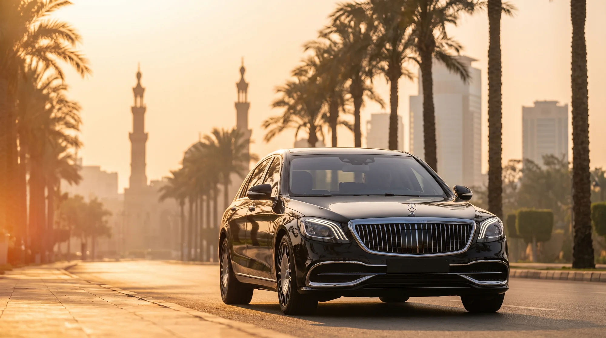 A black luxury sedan on a palm-lined Cairo boulevard at golden hour