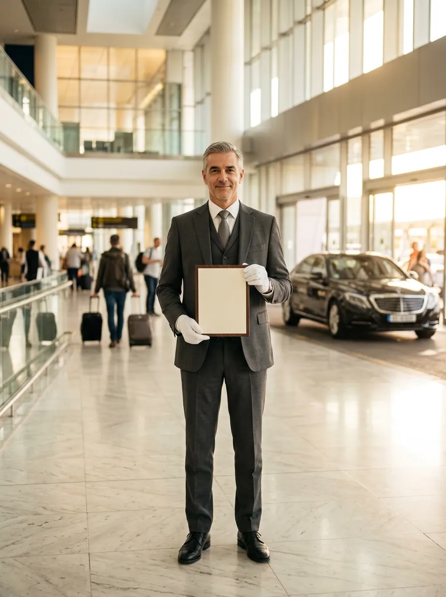 Chauffeur with a welcome board in a bright airport arrivals hall