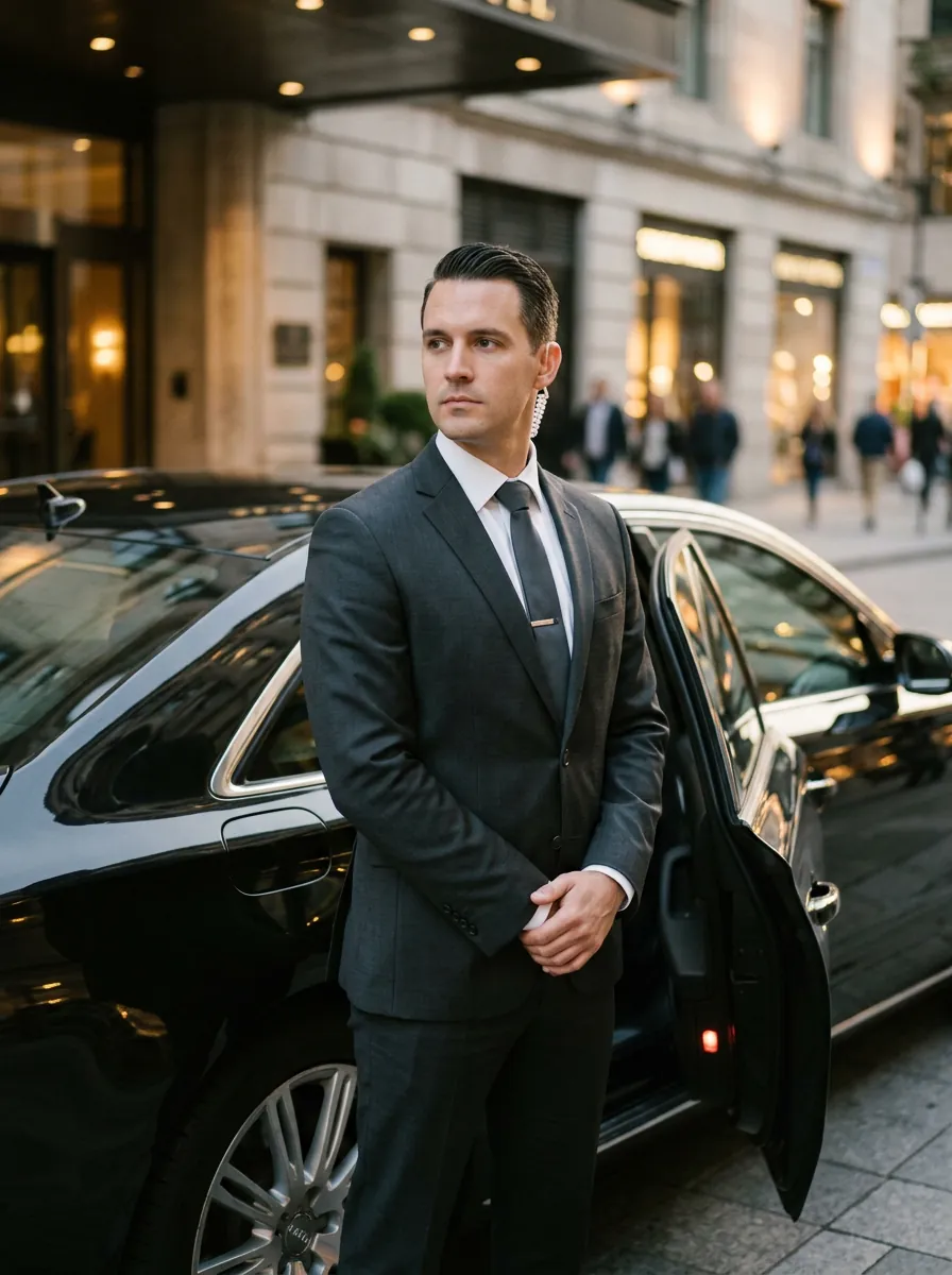 A discreet close-protection officer beside a black luxury car