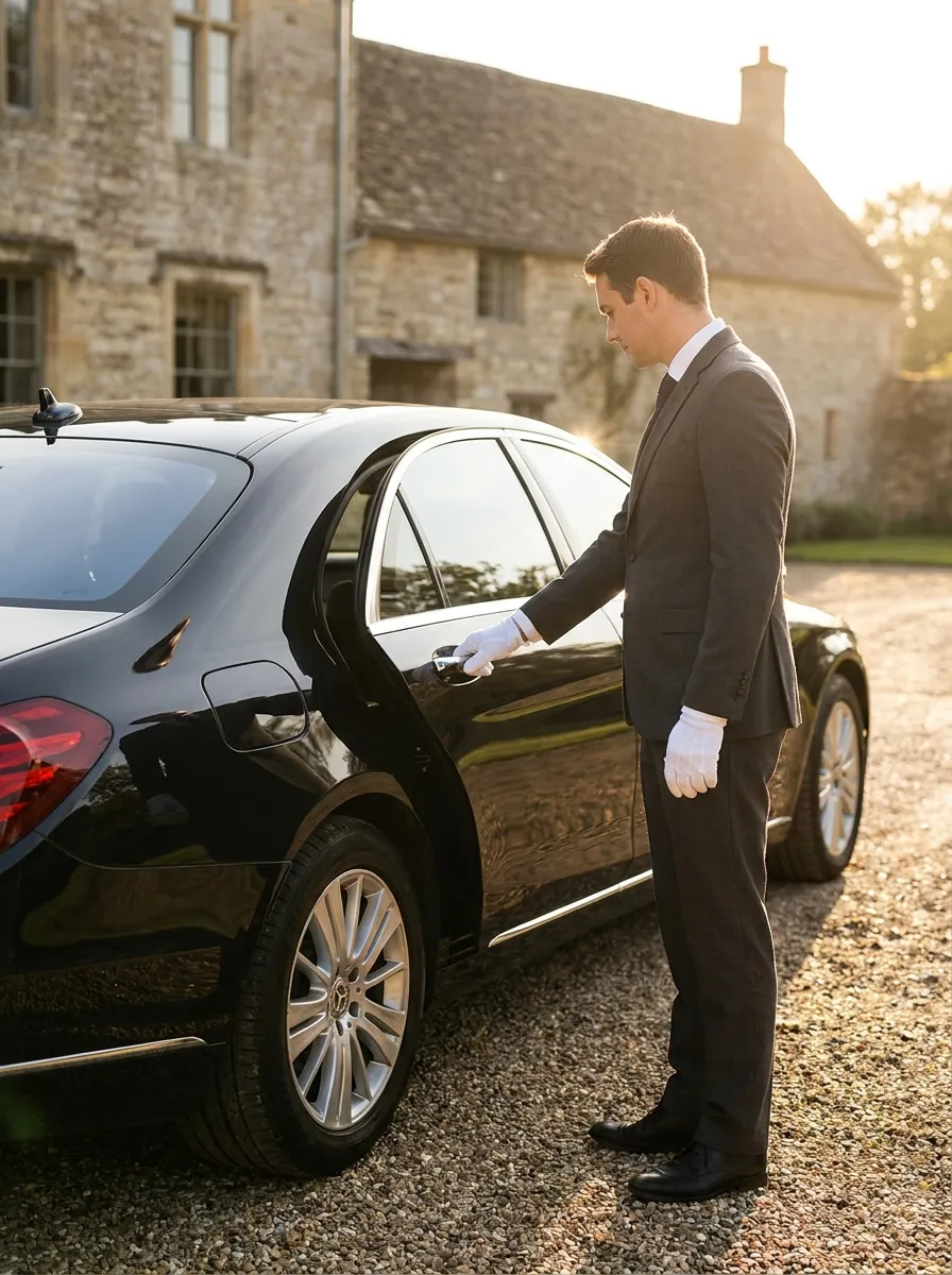 A gloved chauffeur opening the rear door of a black luxury sedan