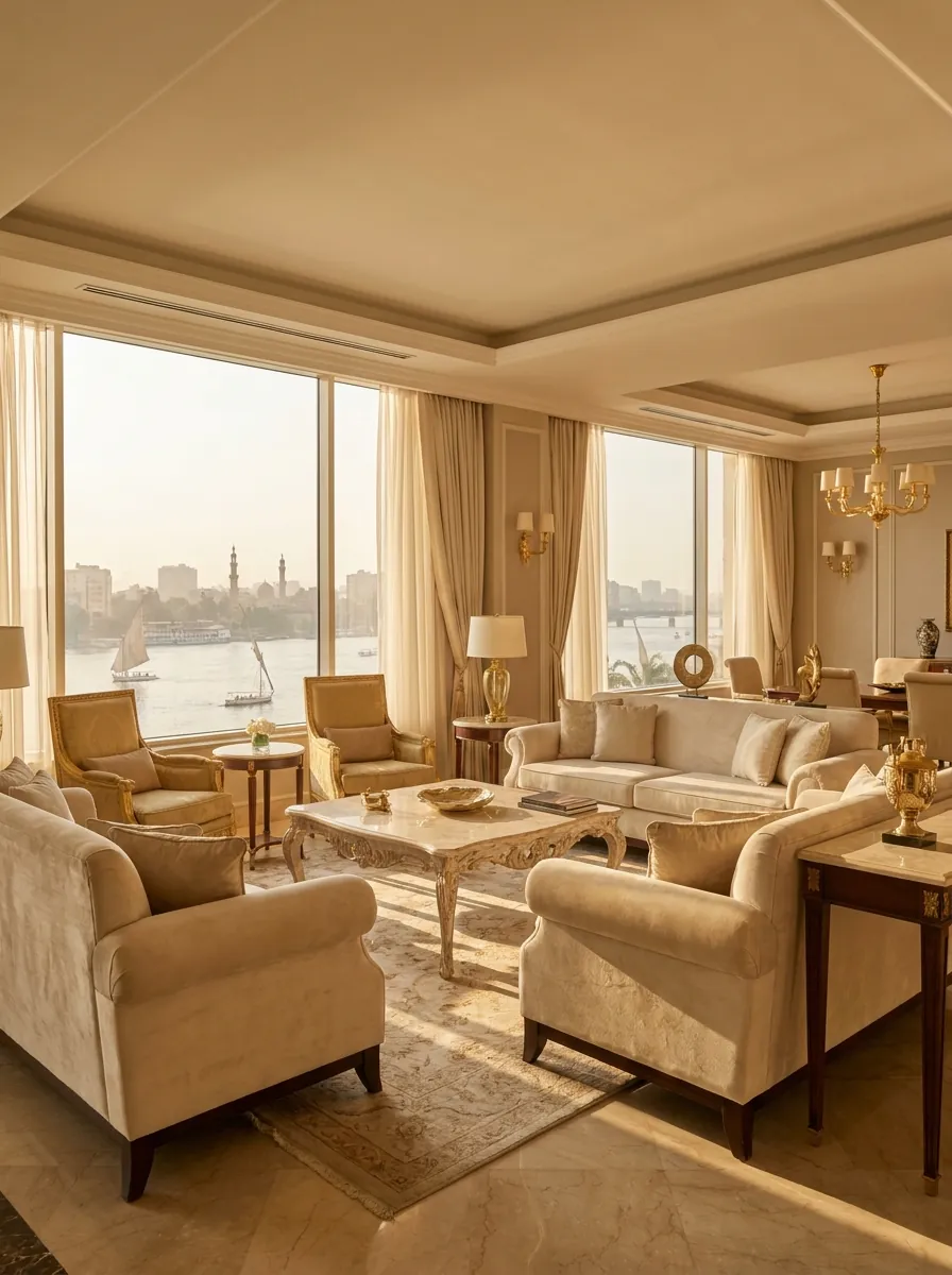 A sunlit five-star hotel suite in Cairo