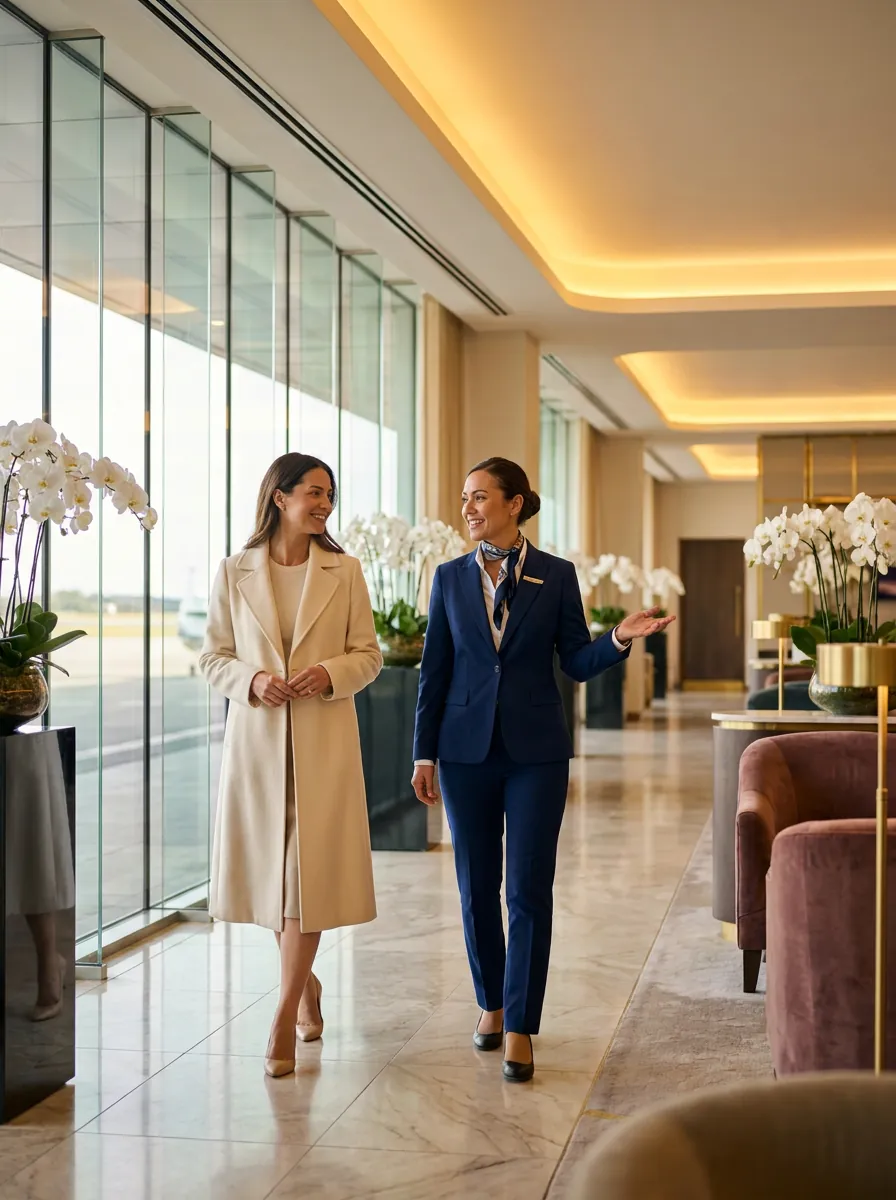 A concierge escorting a guest through a bright private terminal